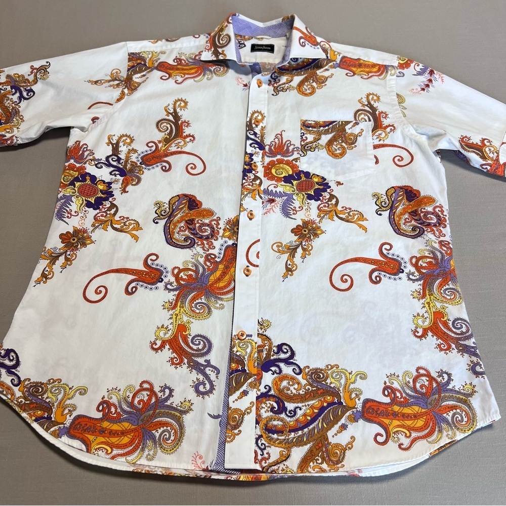 Neiman Marcus Men’s Paisley Print Button-Down Shirt | Medium | Short Sleeve - Picture 3 of 14